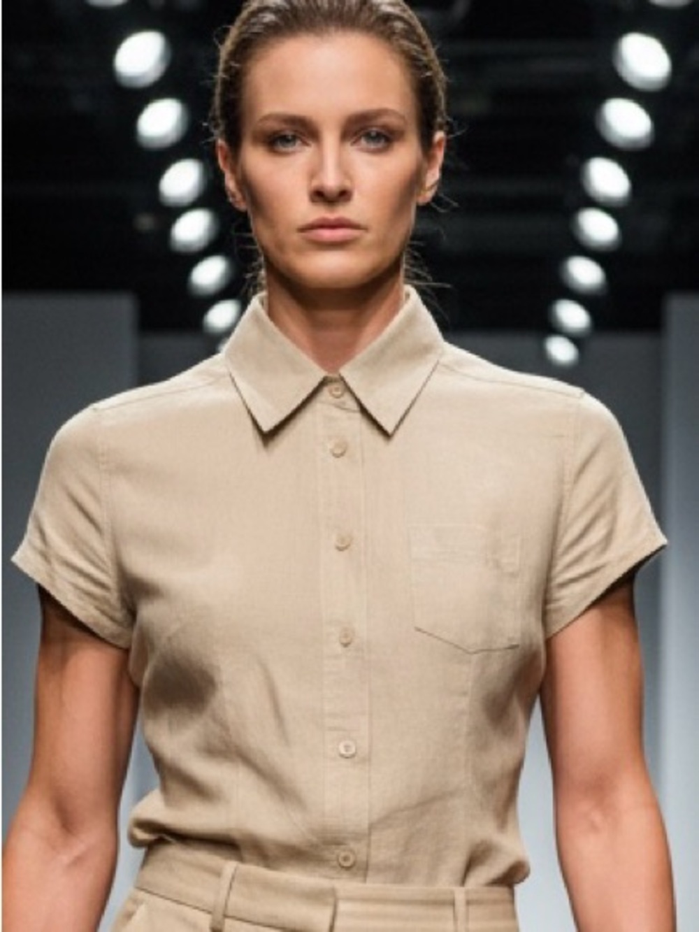 New York & Company Linen-Cotton Tailored Blouse - Size XS - Khaki / Sand